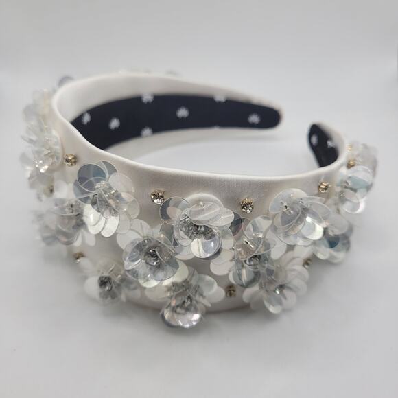 Lele Sadoughi Headband Brigitte Paillette Floral Crystal Wide Dove White NEW main image 5